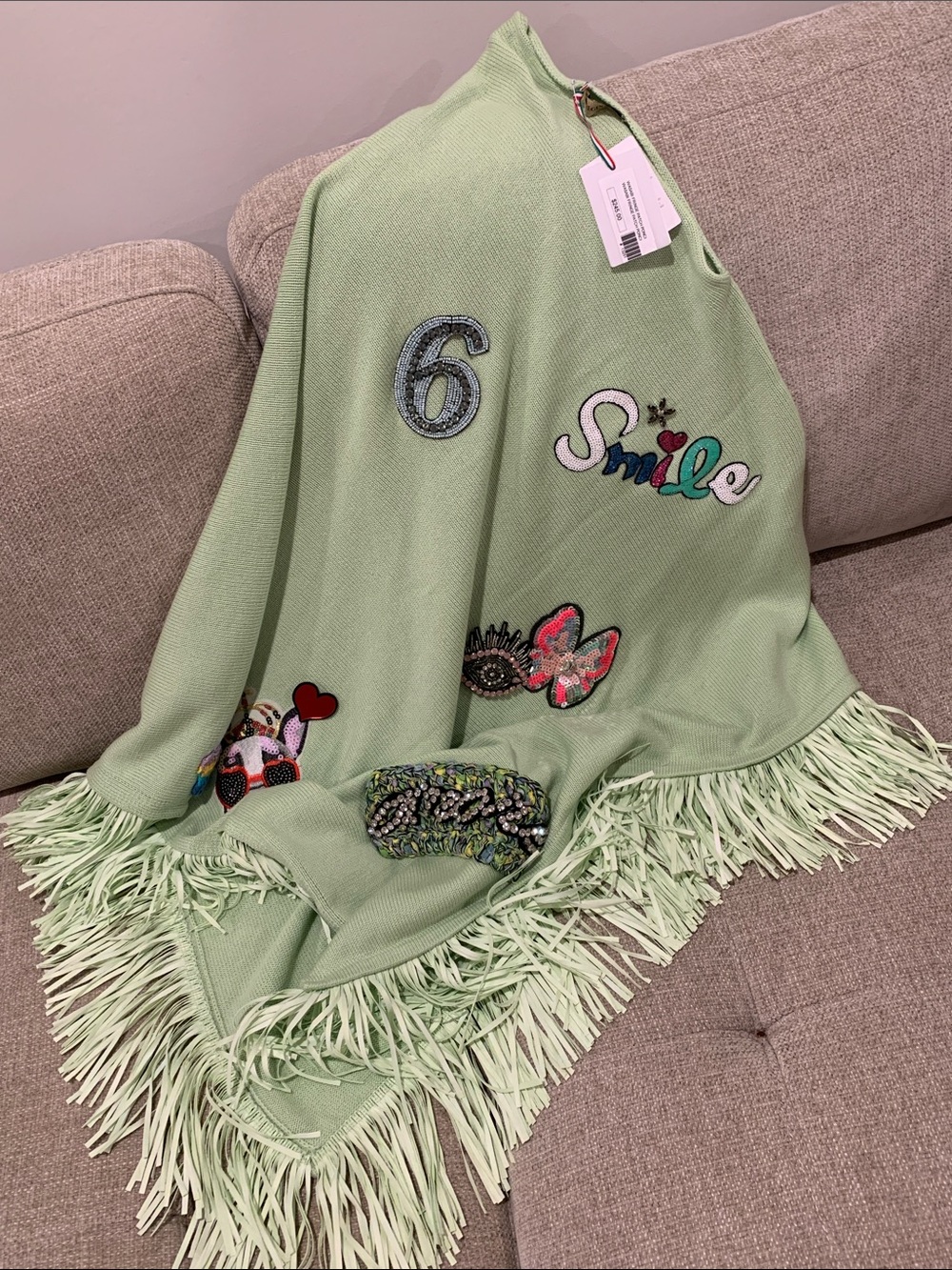 NWT $245 Made in Italy Wasabi Fringe Patch Poncho Sweater 100% Cotton